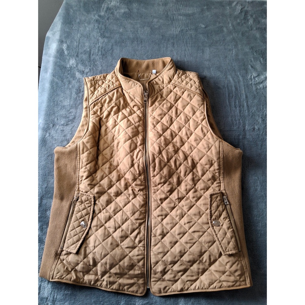 Chicos Quilted Puffer Vest Tan Camel Ribbed Knit Side Panels Womens Size 3 XL